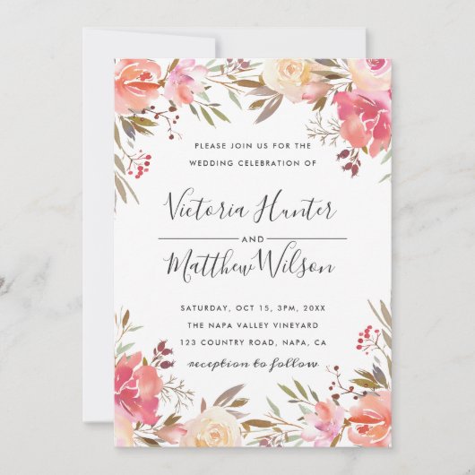 Romantic Blush Bloom Floral Wedding Invitation Kaart (Voorkant)