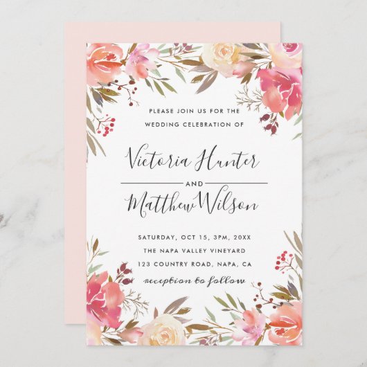 Romantic Blush Bloom Floral Wedding Invitation Kaart (Voorkant / Achterkant)