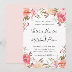 Romantic Blush Bloom Floral Wedding Invitation Kaart