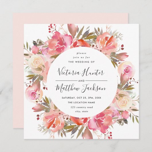 Romantic Blush Bloom Floral Wedding Invitation Kaart (Voorkant / Achterkant)