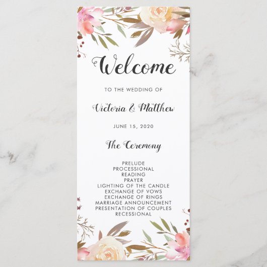 Romantic Blush Bloom Floral Wedding Programme Programmakaart (Voorkant)