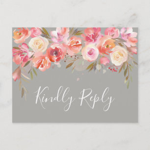 Romantic Blush Bloom Floral Wedding RSVP   Grijs Uitnodiging Briefkaart