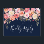 Romantic Blush Bloom Floral Wedding RSVP | marine Uitnodiging Briefkaart<br><div class="desc">Dit Romantische Blush Bloom Wedding RSVP-Briefkaart is voorzien van geverfde waterverf bloemen in een blote roze en witte,  olijfgroene foliage met handgeschreven letters. Voor meer geavanceerde aanpassing van dit ontwerp,  te klikken gelieve de knoop "aanpassen". Overeenkomende objecten zijn ook beschikbaar.</div>