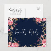 Romantic Blush Bloom Floral Wedding RSVP | marine Uitnodiging Briefkaart (Voorkant / Achterkant)