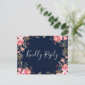 Romantic Blush Bloom Floral Wedding RSVP | marine Uitnodiging Briefkaart (Staand voorkant)