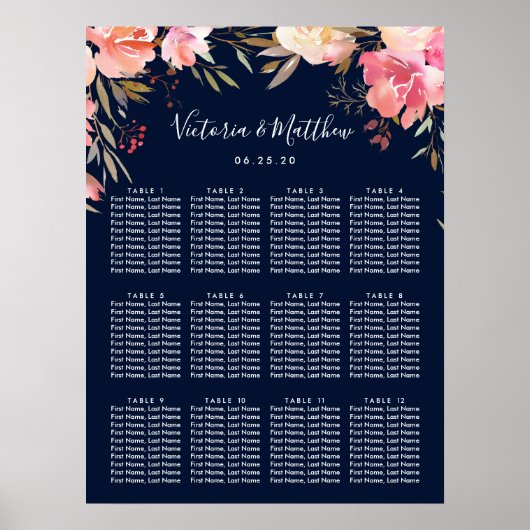 Romantic Blush Bloom Floral Wedding Seating Chart Poster (Voorkant)