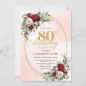 Romantic Blush Burgundy Gold Frame 80th Birthday Kaart (Voorkant)