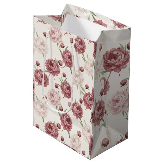 Romantic Blush & Burgundy Peony Floral Pattern Medium Cadeauzakje (Voorkant Gekanteld)