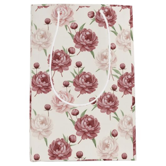 Romantic Blush & Burgundy Peony Floral Pattern Medium Cadeauzakje (Voorkant)