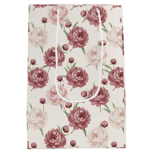 Romantic Blush & Burgundy Peony Floral Pattern Medium Cadeauzakje (Achterkant)