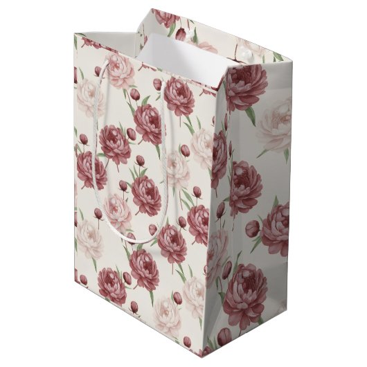 Romantic Blush & Burgundy Peony Floral Pattern Medium Cadeauzakje (Achterkant Gekanteld)