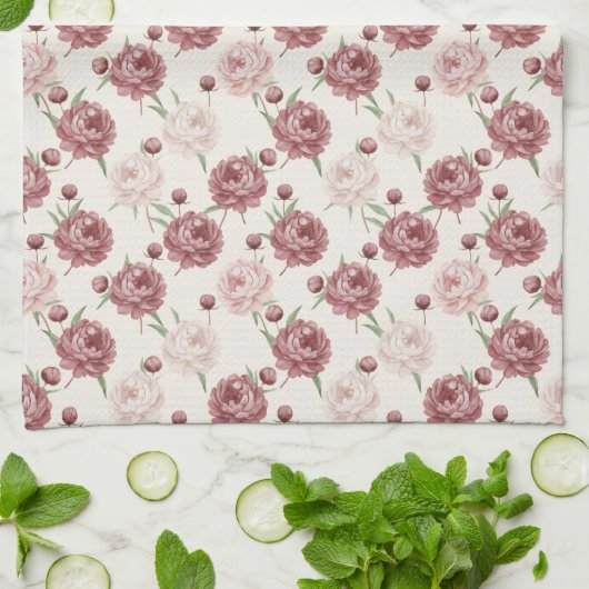 Romantic Blush & Burgundy Peony Floral Pattern Theedoek (Gevouwen)