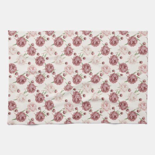 Romantic Blush & Burgundy Peony Floral Pattern Theedoek (Horizontaal)