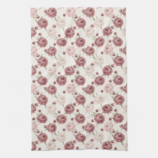 Romantic Blush & Burgundy Peony Floral Pattern Theedoek (Verticaal)