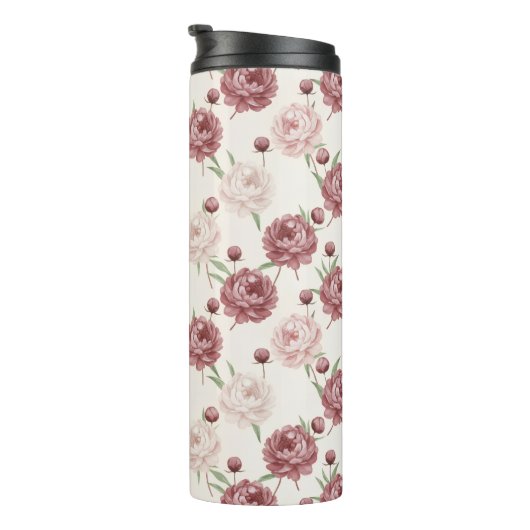 Romantic Blush & Burgundy Peony Floral Pattern Thermosbeker (Geroteerd rechts)