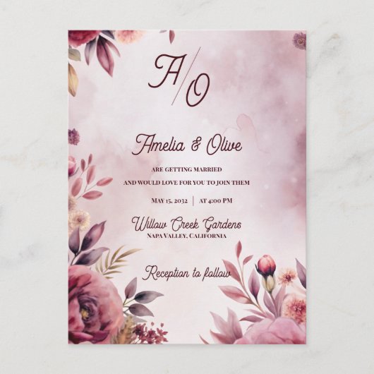 Romantic Blush Ethereal Mauve Wedding Invitation Uitnodiging Briefkaart (Voorkant)