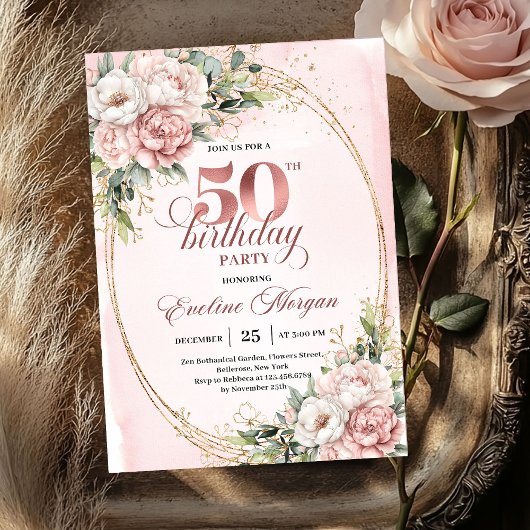 Romantic Blush Eucalyptus 50th Birthday Invitation Kaart