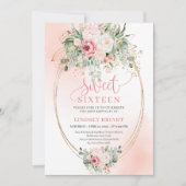 Romantic Blush Floral Gold Sweet 16 Birthday Party Kaart (Voorkant)