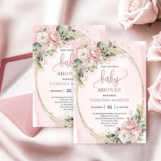 Romantic Blush Floral Greenery Girl Baby Shower Kaart