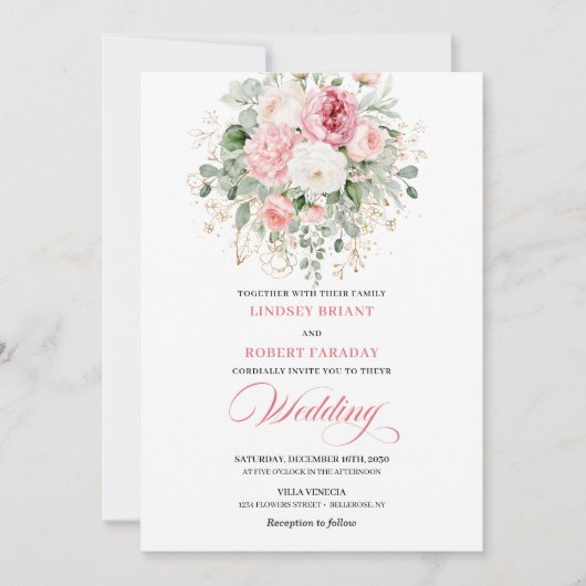 Romantic Blush Floral Greenery Wedding Invite Kaart (Voorkant)
