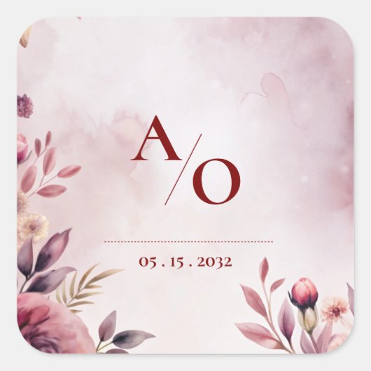 Romantic Blush Floral Monogram Custom Wedding Vierkante Sticker (Voorkant)