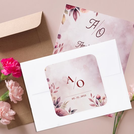 Romantic Blush Floral Monogram Custom Wedding Vierkante Sticker