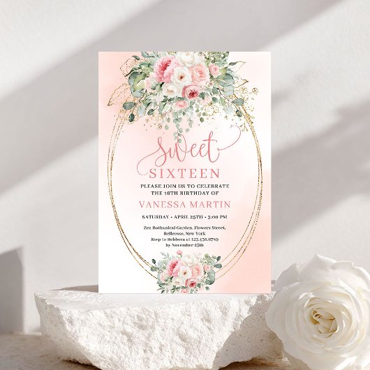 Romantic Blush Floral Sweet 16 Birthday Invitation Kaart