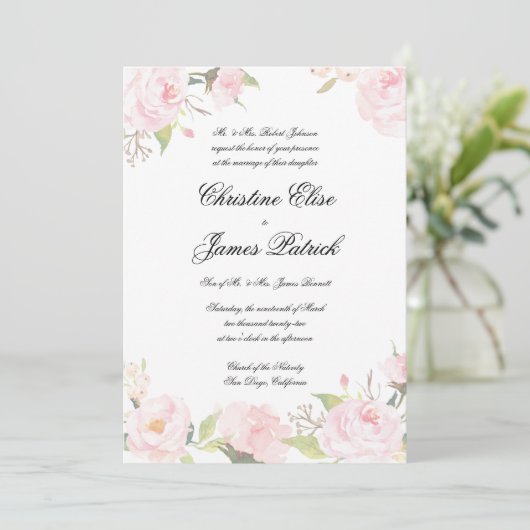 Romantic Blush Floral Wedding Invitation Kaart (Staand voorkant)