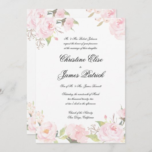 Romantic Blush Floral Wedding Invitation Kaart (Voorkant / Achterkant)