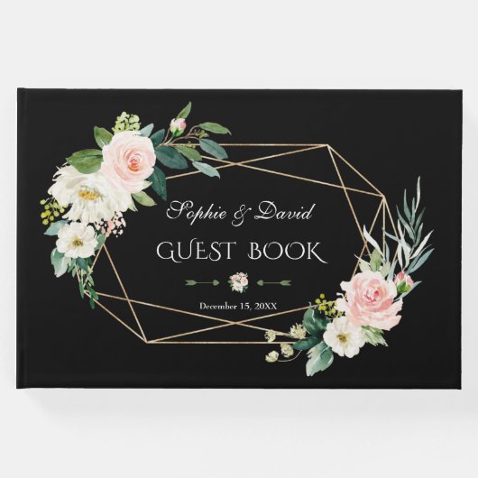 Romantic Blush Flowers Gold Lijst Black Wedding Gastenboek (Voorkant)