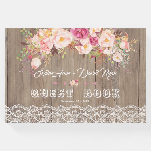 Romantic Blush Flowers Lace Wood Weddenschap Gastenboek (Voorkant)