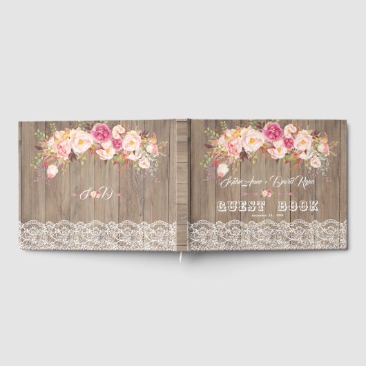 Romantic Blush Flowers Lace Wood Weddenschap Gastenboek (Volledig)
