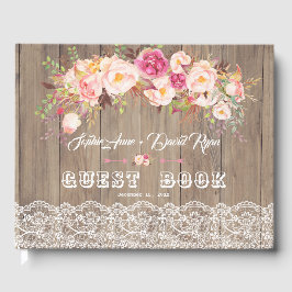 Romantic Blush Flowers Lace Wood Weddenschap Gastenboek