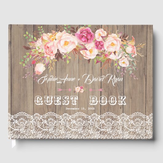 Romantic Blush Flowers Lace Wood Weddenschap Gastenboek (Voorkant)