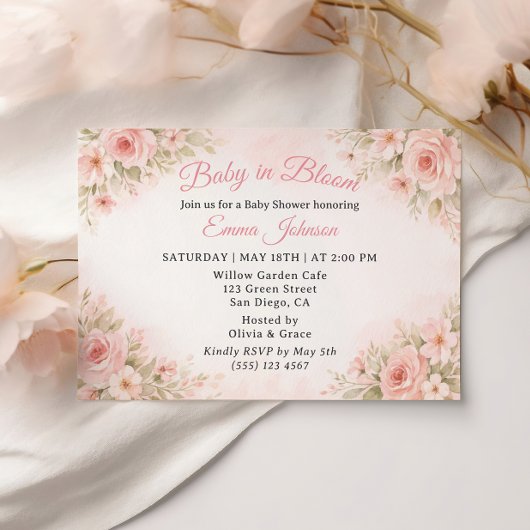 Romantic Blush Garden Baby in Bloom Invite Kaart