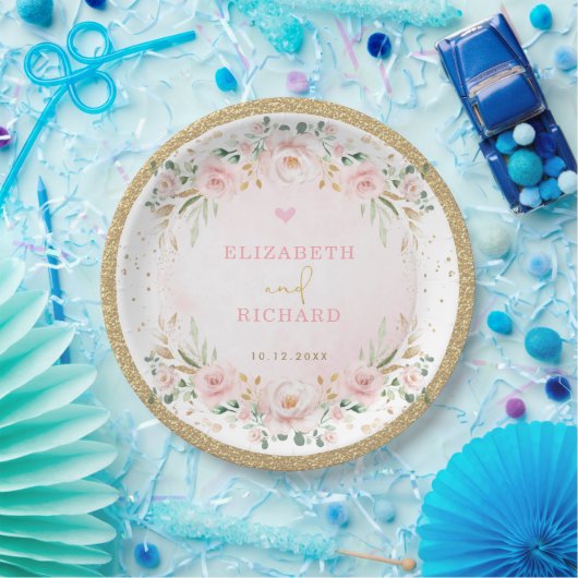 Romantic Blush Gold Pink Floral Wedding Verloving Papieren Bordje (Feest)