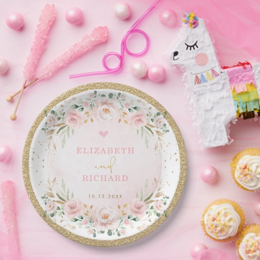 Romantic Blush Gold Pink Floral Wedding Verloving Papieren Bordje (Feest)