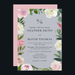 Romantic Blush & Gray Floral Monogrammed Wedding  Kaart<br><div class="desc">Romantic Blush & Gray Floral Monogrammed Wedding Invitation.</div>