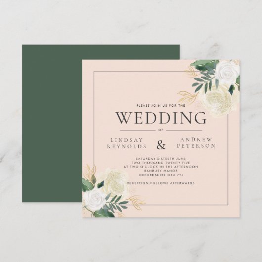 Romantic Blush & Green Glitter Square Weddenschap Kaart (Voorkant / Achterkant)