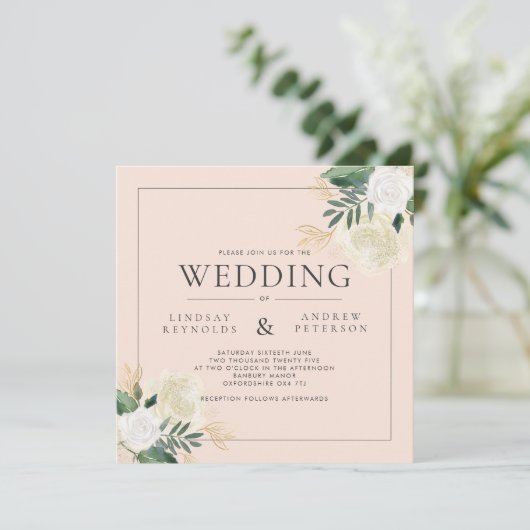 Romantic Blush & Green Glitter Square Weddenschap Kaart (Staand voorkant)