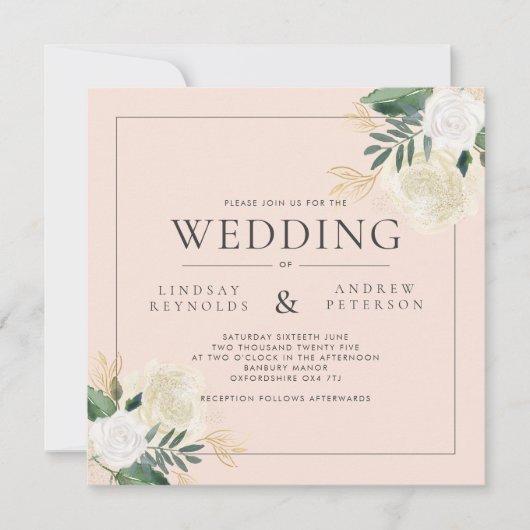 Romantic Blush & Green Glitter Square Weddenschap Kaart (Voorkant)