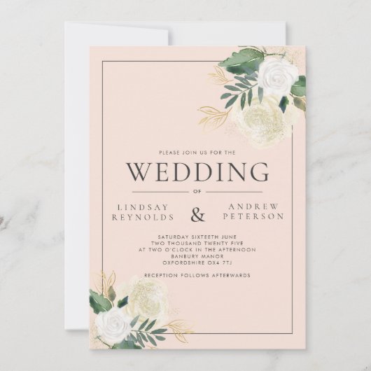 Romantic Blush & Green Glitter Wedding Invitation Kaart (Voorkant)