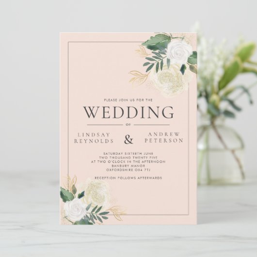 Romantic Blush & Green Glitter Wedding Invitation Kaart (Staand voorkant)