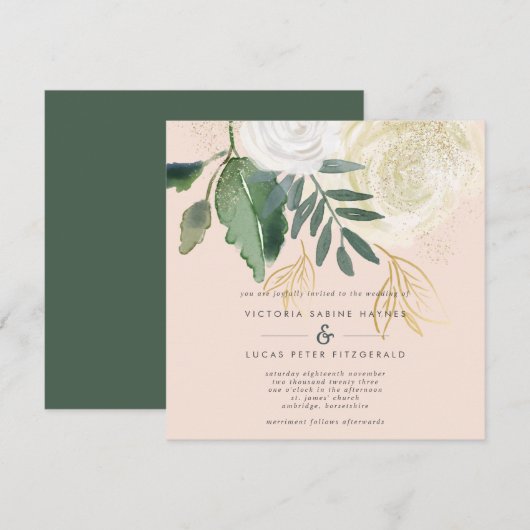 Romantic Blush & Green Square Wedding Kaart (Voorkant / Achterkant)