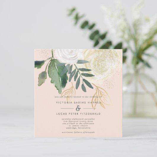 Romantic Blush & Green Square Wedding Kaart (Staand voorkant)