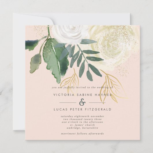 Romantic Blush & Green Square Wedding Kaart (Voorkant)