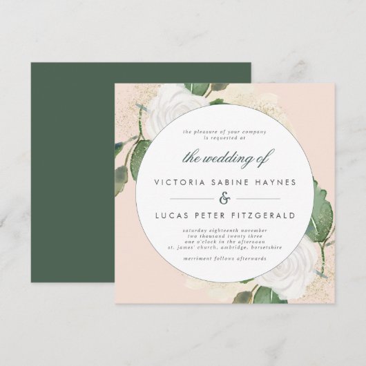 Romantic Blush & Green Wedding Invitation Kaart (Voorkant / Achterkant)