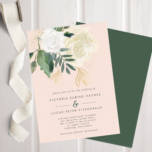 Romantic Blush & Green Wedding Invitation Kaart