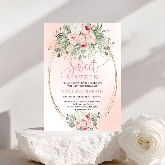Romantic Blush Greenery Sweet Sixteen Invite Kaart
