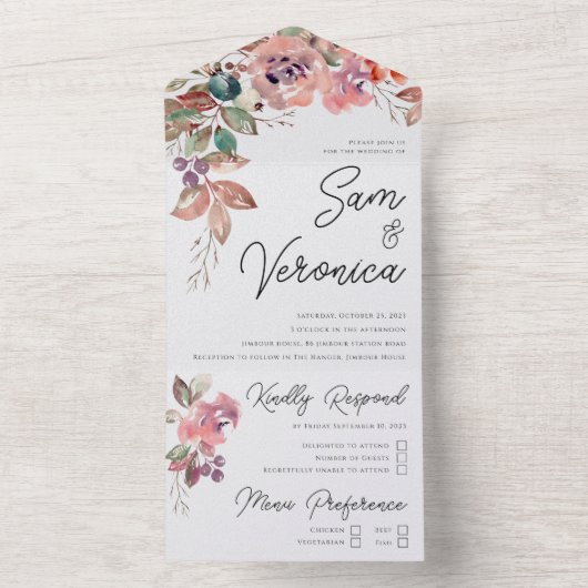 Romantic Blush Mauve Waterverf Floral All In One Uitnodiging (Binnen)